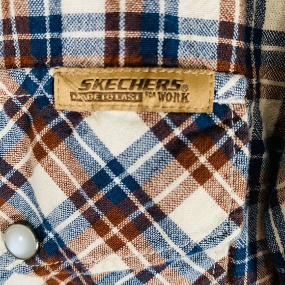 Skechers Plaid Pearl Snap Western Shirt Sz M Work Flap Pockets Short Sleeve Norm - Picture 5 of 12